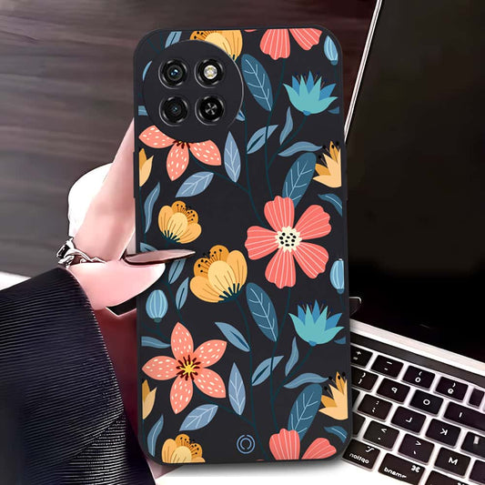 itel S23 Cover - Black - D2 - ONation Floral Series - HQ Liquid Silicone Soft Case