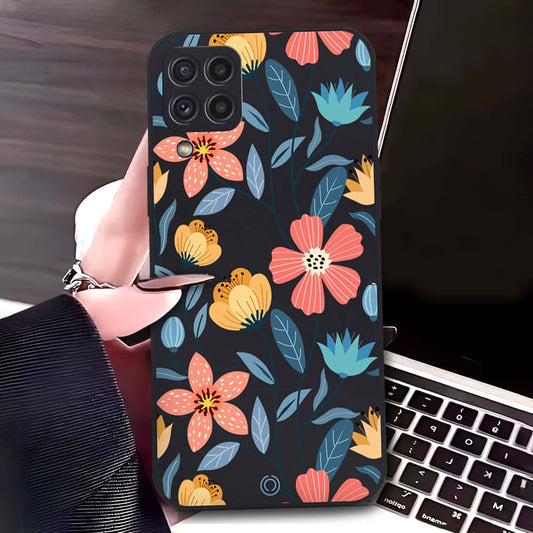 Samsung Galaxy M32 Cover - Black - D2 - ONation Floral Series - HQ Liquid Silicone Soft Case