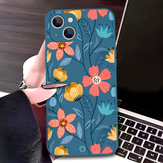 iPhone 13 Cover - Blue - D2 - ONation Floral Series - HQ Liquid Silicone Soft Case