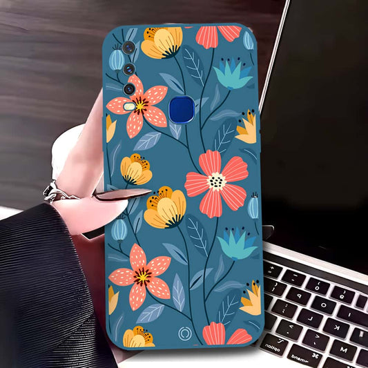 Vivo Y12 Cover - Blue - D2 - ONation Floral Series - HQ Liquid Silicone Soft Case