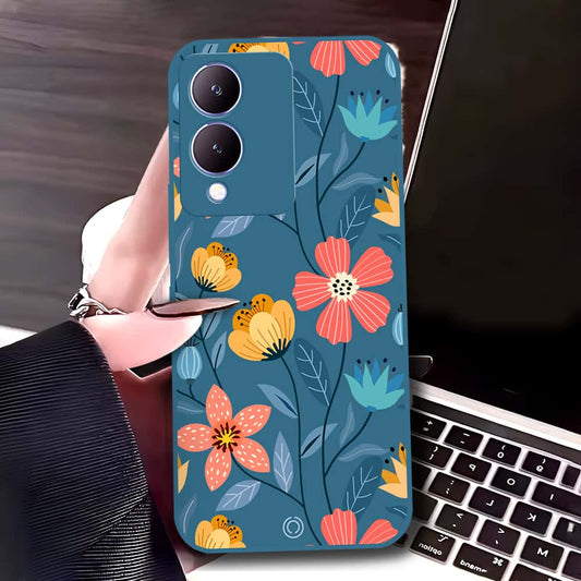 Vivo Y17s Cover - Blue - D2 - ONation Floral Series - HQ Liquid Silicone Soft Case