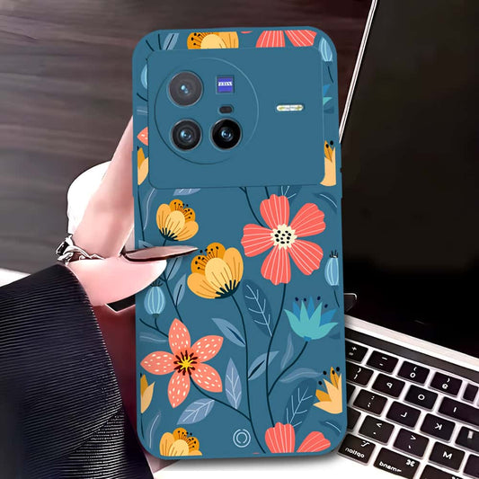 Vivo X80 Cover - Blue - D2 - ONation Floral Series - HQ Liquid Silicone Soft Case
