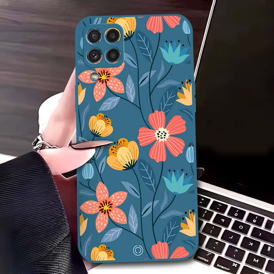 Samsung Galaxy A22 Cover - Blue - D2 - ONation Floral Series - HQ Liquid Silicone Soft Case