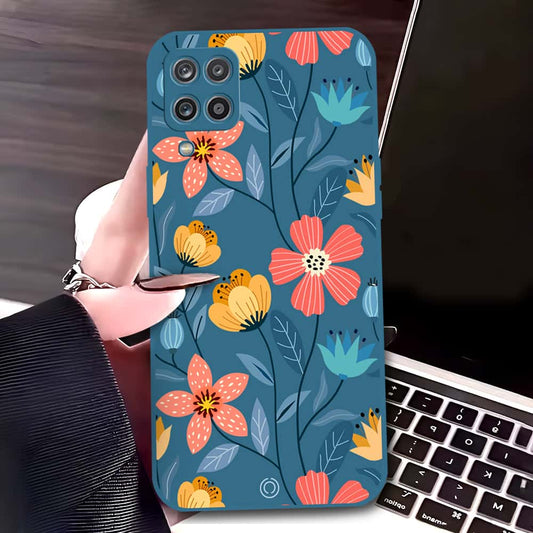 Samsung Galaxy A12 Nacho Cover - Blue - D2 - ONation Floral Series - HQ Liquid Silicone Soft Case
