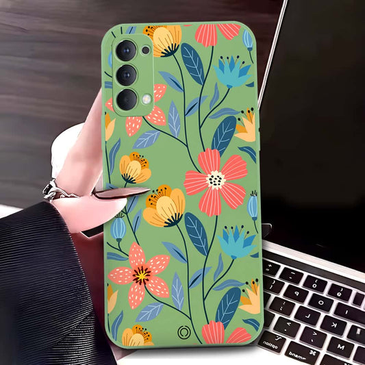 Oppo Reno 4 5G Cover - Light Green - D2 - ONation Floral Series - HQ Liquid Silicone Soft Case