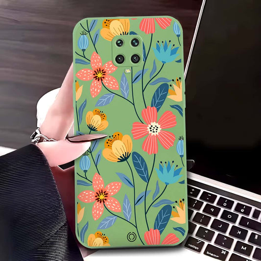 Xiaomi Redmi Note 9S Cover - Light Green - D2 - ONation Floral Series - HQ Liquid Silicone Soft Case