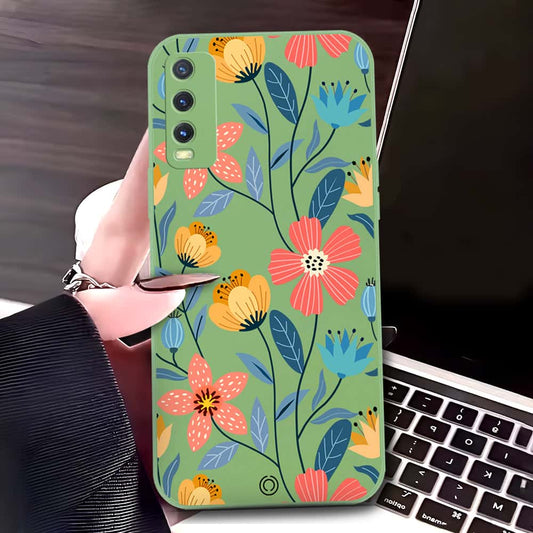 Vivo Y12s Cover - Light Green - D2 - ONation Floral Series - HQ Liquid Silicone Soft Case