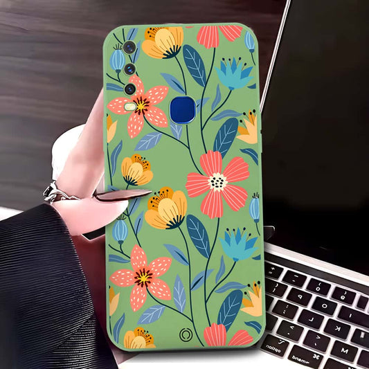 Vivo Y12 Cover - Light Green - D2 - ONation Floral Series - HQ Liquid Silicone Soft Case