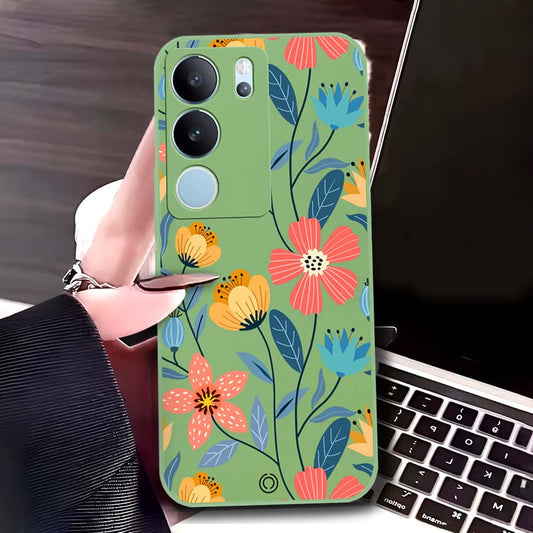 Vivo V29 Pro Cover - Light Green - D2 - ONation Floral Series - HQ Liquid Silicone Soft Case