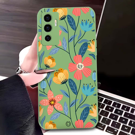 Vivo V23e Cover - Light Green - D2 - ONation Floral Series - HQ Liquid Silicone Soft Case