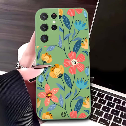 Samsung Galaxy S21 Ultra 5G Cover - Light Green - D2 - ONation Floral Series - HQ Liquid Silicone Soft Case