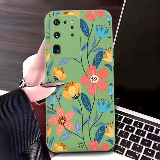 Samsung Galaxy S20 Ultra Cover - Light Green - D2 - ONation Floral Series - HQ Liquid Silicone Soft Case