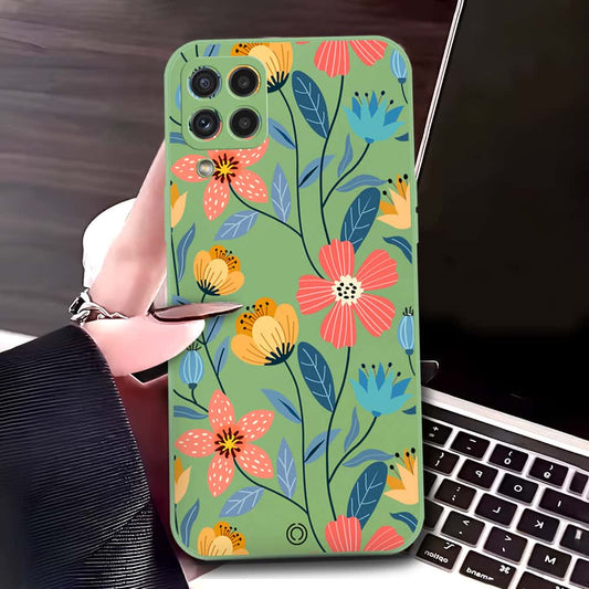 Samsung Galaxy M32 Cover - Light Green - D2 - ONation Floral Series - HQ Liquid Silicone Soft Case