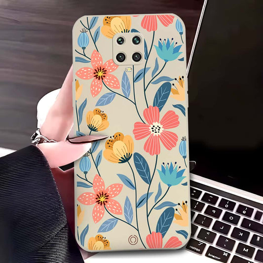 Xiaomi Redmi Note 9S Cover - Off White - D2 - ONation Floral Series - HQ Liquid Silicone Soft Case