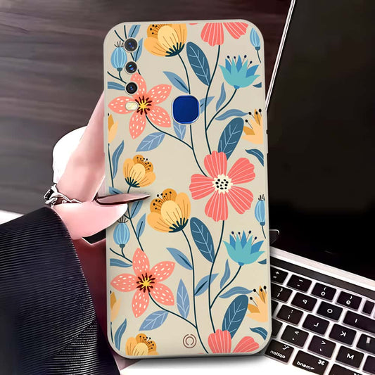 Vivo Y15 Cover - Off White - D2 - ONation Floral Series - HQ Liquid Silicone Soft Case