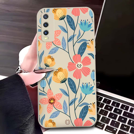 Vivo Y12s Cover - Off White - D2 - ONation Floral Series - HQ Liquid Silicone Soft Case