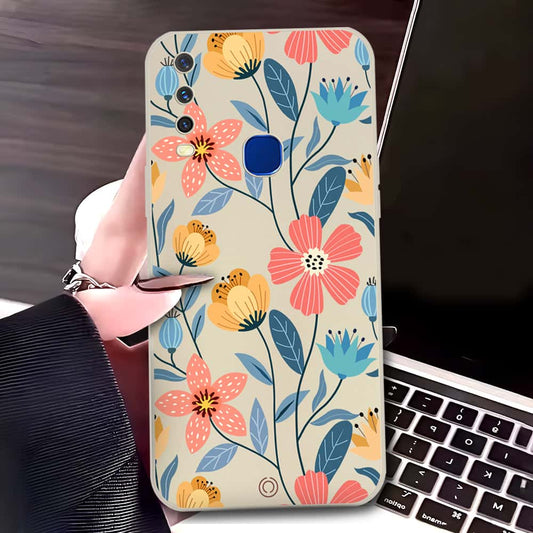 Vivo Y12 Cover - Off White - D2 - ONation Floral Series - HQ Liquid Silicone Soft Case