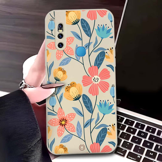 Vivo V15 Cover - Off White - D2 - ONation Floral Series - HQ Liquid Silicone Soft Case