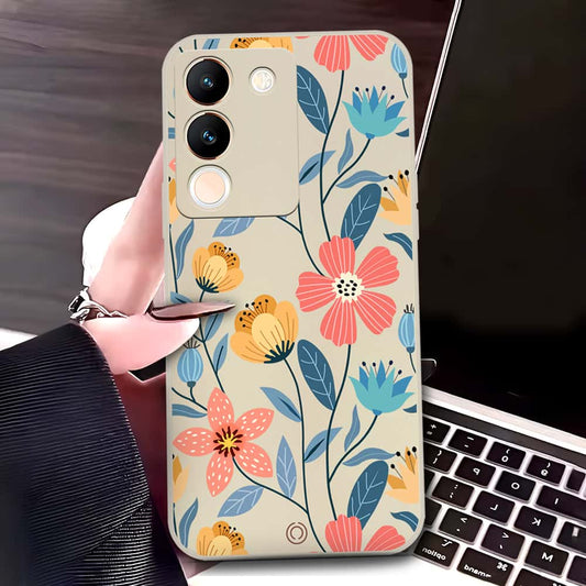 Vivo V29e Cover - Off White - D2 - ONation Floral Series - HQ Liquid Silicone Soft Case