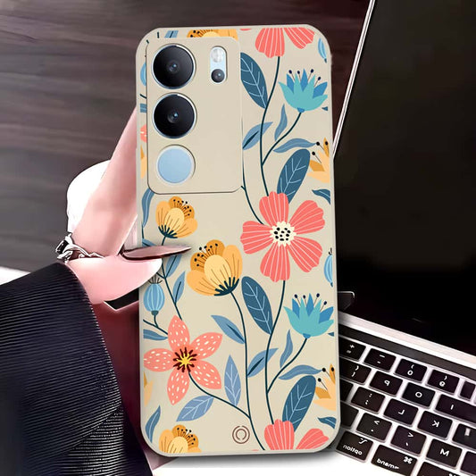 Vivo V29 Pro Cover - Off White - D2 - ONation Floral Series - HQ Liquid Silicone Soft Case
