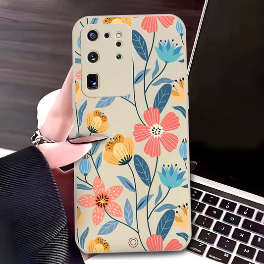 Samsung Galaxy S20 Ultra Cover - Off White - D2 - ONation Floral Series - HQ Liquid Silicone Soft Case