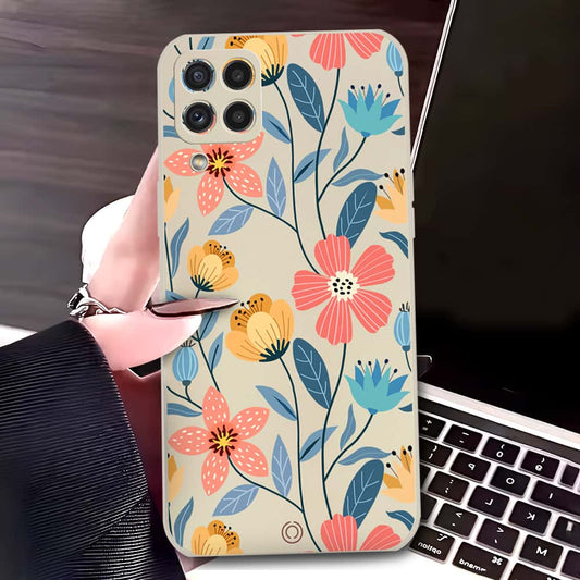 Samsung Galaxy M32 Cover - Off White - D2 - ONation Floral Series - HQ Liquid Silicone Soft Case