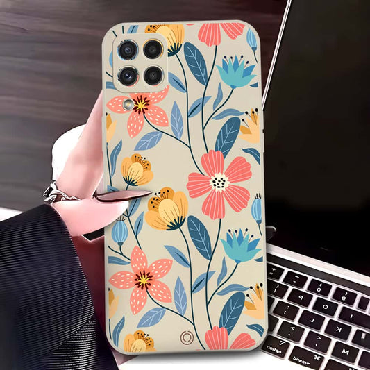 Samsung Galaxy A22 Cover - Off White - D2 - ONation Floral Series - HQ Liquid Silicone Soft Case