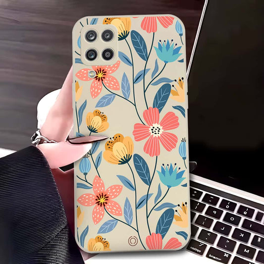 Samsung Galaxy A12 Nacho Cover - Off White - D2 - ONation Floral Series - HQ Liquid Silicone Soft Case
