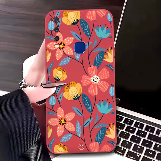 Vivo Y15 Cover - Red - D2 - ONation Floral Series - HQ Liquid Silicone Soft Case