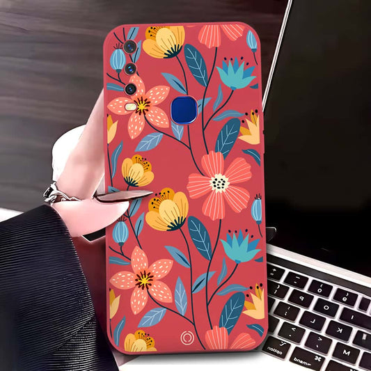 Vivo Y12 Cover - Red - D2 - ONation Floral Series - HQ Liquid Silicone Soft Case