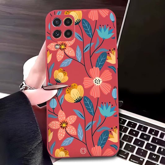 Samsung Galaxy M32 Cover - Red - D2 - ONation Floral Series - HQ Liquid Silicone Soft Case