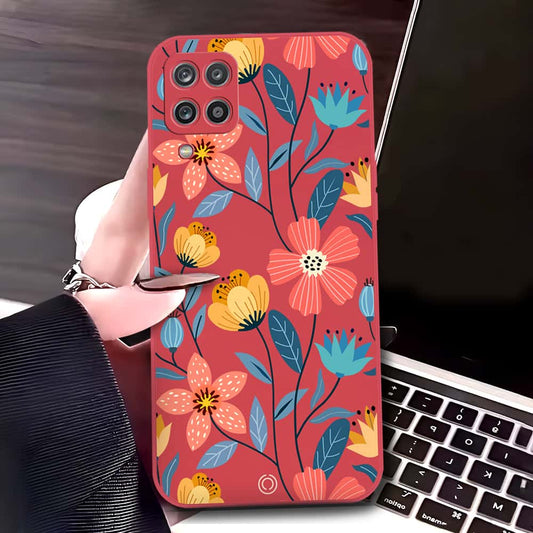 Samsung Galaxy A12 Nacho Cover - Red - D2 - ONation Floral Series - HQ Liquid Silicone Soft Case