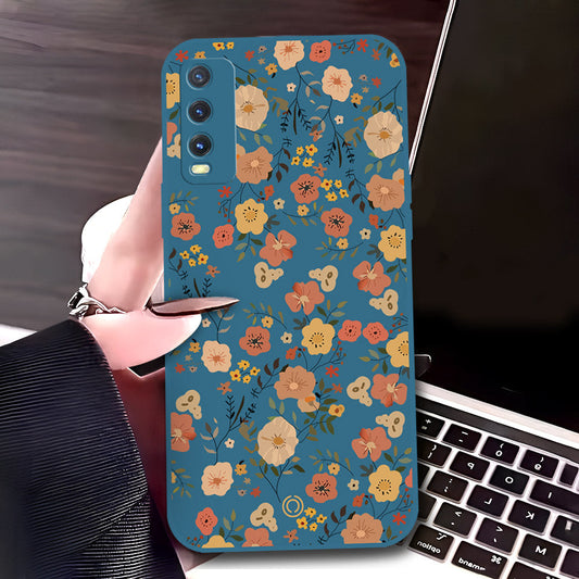 Vivo Y20T Cover - Blue - D3 - ONation Floral Series - HQ Liquid Silicone Soft Case