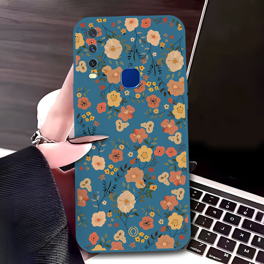 Vivo Y15 Cover - Blue - D3 - ONation Floral Series - HQ Liquid Silicone Soft Case