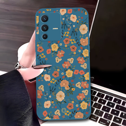 Vivo V23 5G Cover - Blue - D3 - ONation Floral Series - HQ Liquid Silicone Soft Case