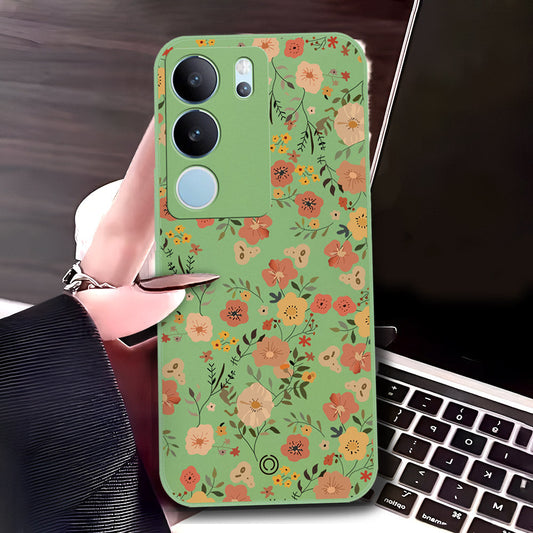 Vivo V29 Pro Cover - Light Green - D3 - ONation Floral Series - HQ Liquid Silicone Soft Case
