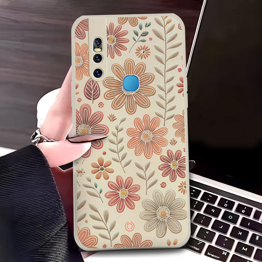 Vivo V15 Cover - Off White - D4 - ONation Floral Series - HQ Liquid Silicone Soft Case