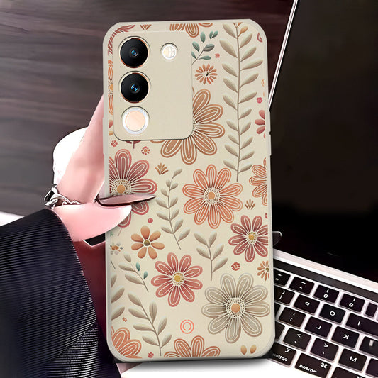 Off White - Vivo V29e Cover - Off White - D4 - ONation Floral Series - HQ Liquid Silicone Soft Case