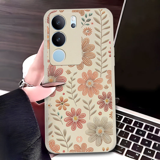 Vivo V29 Cover - Off White - D4 - ONation Floral Series - HQ Liquid Silicone Soft Case