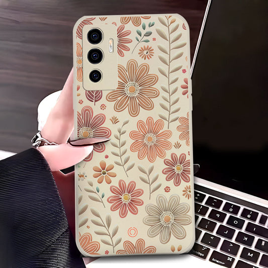 Vivo V23e Cover - Off White - D4 - ONation Floral Series - HQ Liquid Silicone Soft Case