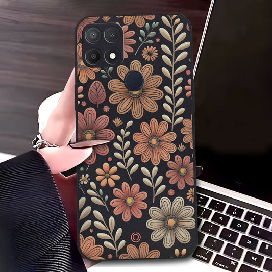 Oppo A15 Cover - Black - D4 - ONation Floral Series - HQ Liquid Silicone Soft Case