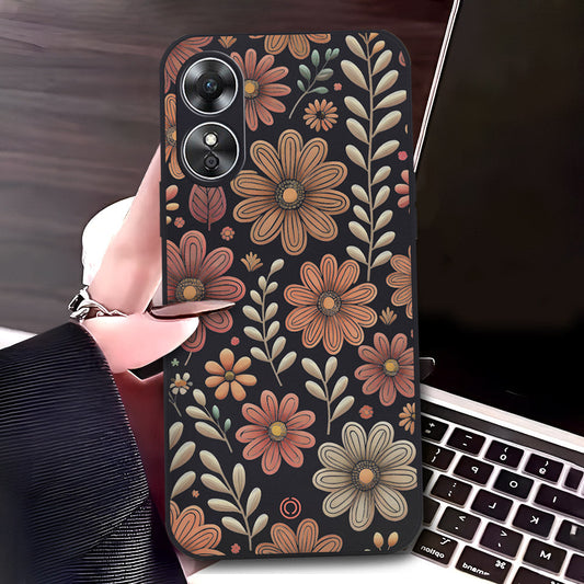 Oppo A17 Cover - Black - D4 - ONation Floral Series - HQ Liquid Silicone Soft Case
