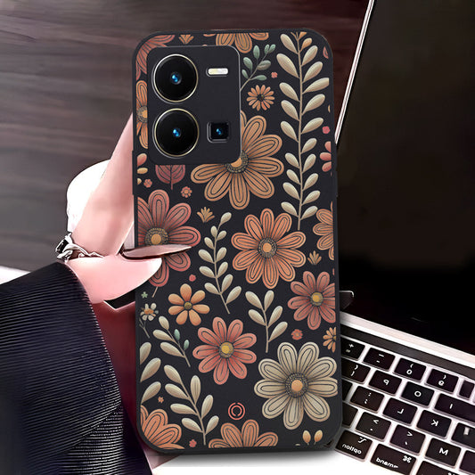 Vivo Y35 5G Cover - Black - D4 - ONation Floral Series - HQ Liquid Silicone Soft Case