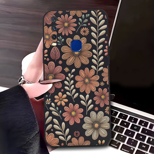 Vivo Y15 Cover - Black - D4 - ONation Floral Series - HQ Liquid Silicone Soft Case