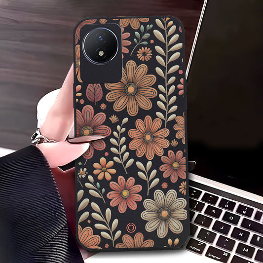 Vivo Y02A Cover - Black - D4 - ONation Floral Series - HQ Liquid Silicone Soft Case
