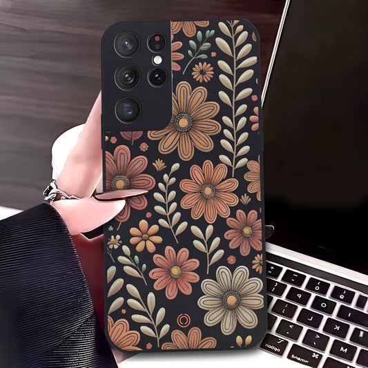 Samsung Galaxy S21 Ultra 5G Cover - Black - D4 - ONation Floral Series - HQ Liquid Silicone Soft Case