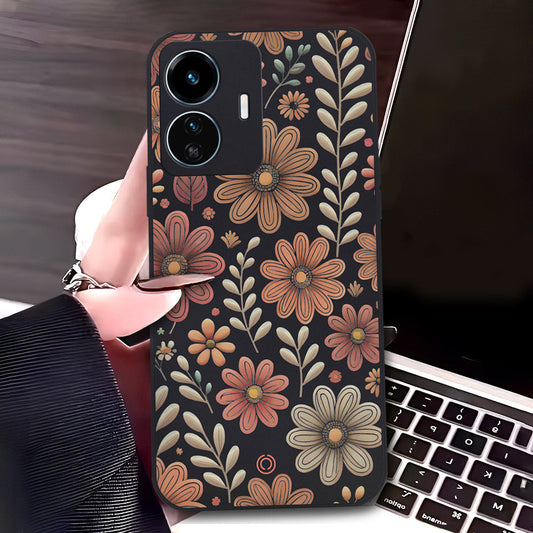 Vivo Y77 5G Cover - Black - D4 - ONation Floral Series - HQ Liquid Silicone Soft Case