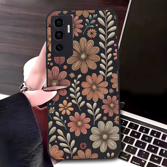 Vivo V23e Cover - Black - D4 - ONation Floral Series - HQ Liquid Silicone Soft Case