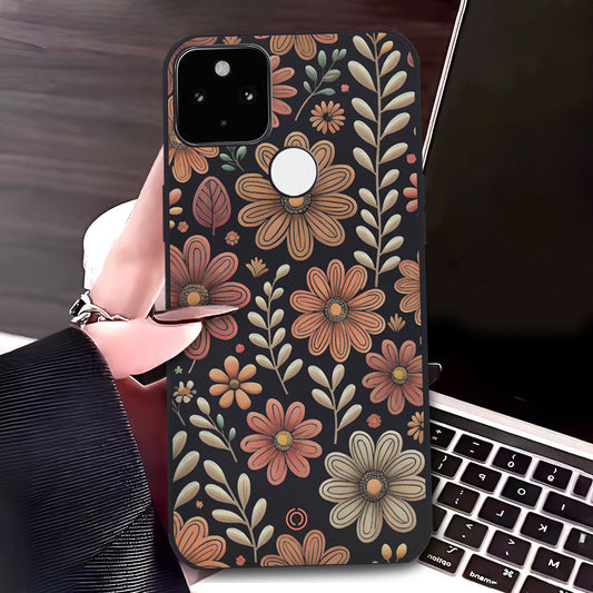 Google Pixel 5a 5G Cover - Black - D4 - ONation Floral Series - HQ Liquid Silicone Soft Case