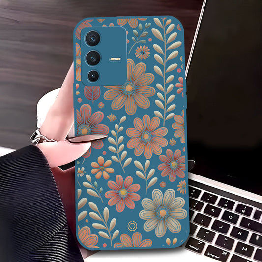 Vivo V23 5G Cover - Blue - D4 - ONation Floral Series - HQ Liquid Silicone Soft Case